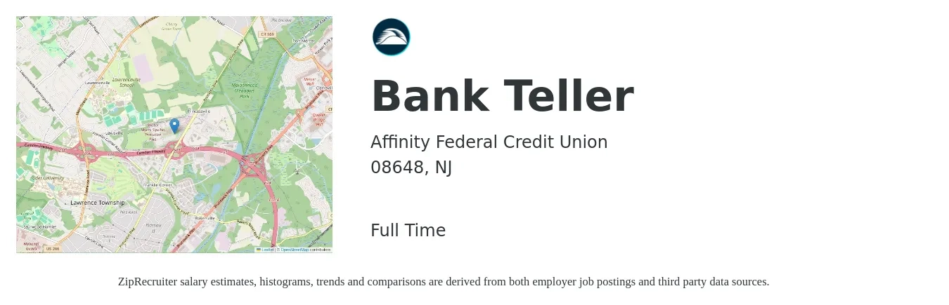 Affinity Federal Credit Union job posting for a Bank Teller in 08648, NJ with a salary of $17 to $21 Hourly with a map of 08648 location.