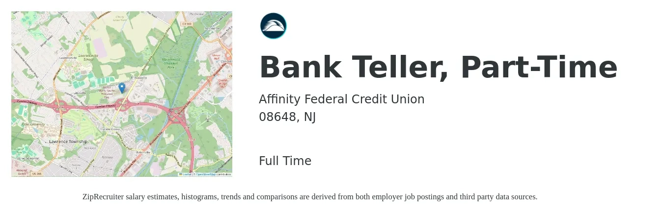 Affinity Federal Credit Union job posting for a Bank Teller, Part-Time in 08648, NJ with a salary of $17 to $21 Hourly with a map of 08648 location.