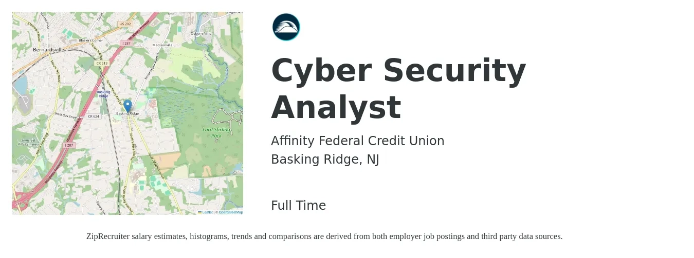 Affinity Federal Credit Union job posting for a Cyber Security Analyst in Basking Ridge, NJ with a salary of $81,900 to $119,000 Yearly with a map of Basking Ridge location.