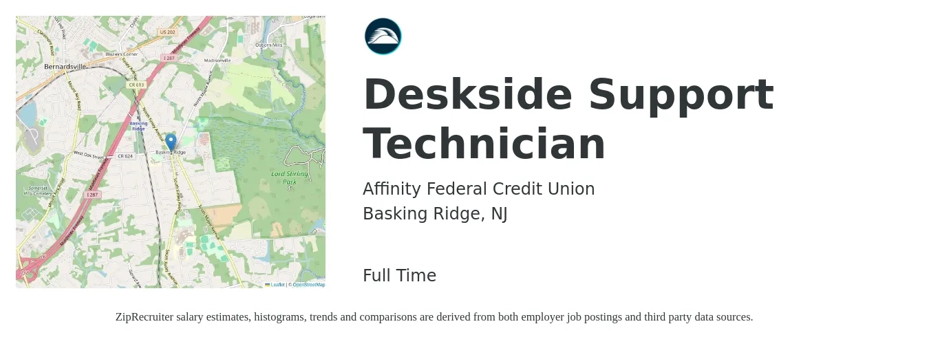 Affinity Federal Credit Union job posting for a Deskside Support Technician in Basking Ridge, NJ with a salary of $21 to $26 Hourly with a map of Basking Ridge location.