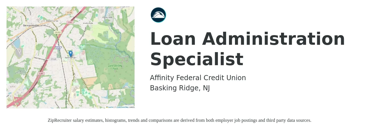 Affinity Federal Credit Union job posting for a Loan Administration Specialist in Basking Ridge, NJ with a salary of $49,500 to $85,000 Yearly with a map of Basking Ridge location.