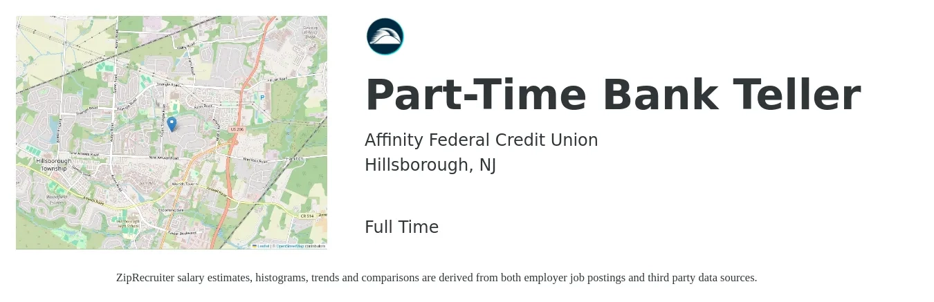Affinity Federal Credit Union job posting for a Part-Time Bank Teller in Hillsborough, NJ with a salary of $16 to $20 Hourly with a map of Hillsborough location.