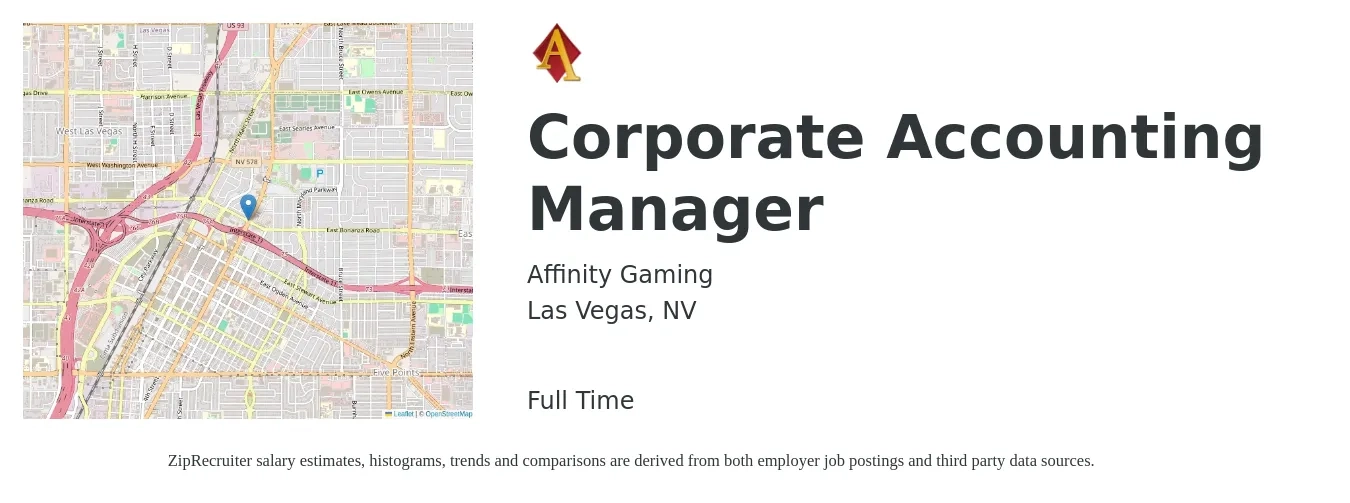 Affinity Gaming job posting for a Corporate Accounting Manager in Las Vegas, NV with a salary of $84,700 to $126,700 Yearly with a map of Las Vegas location.