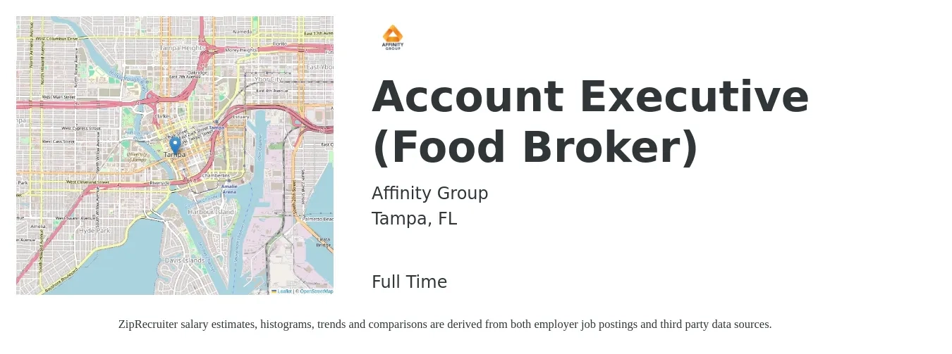 Affinity Group job posting for a Account Executive (Food Broker) in Tampa, FL with a salary of $51,000 to $89,800 Yearly with a map of Tampa location.