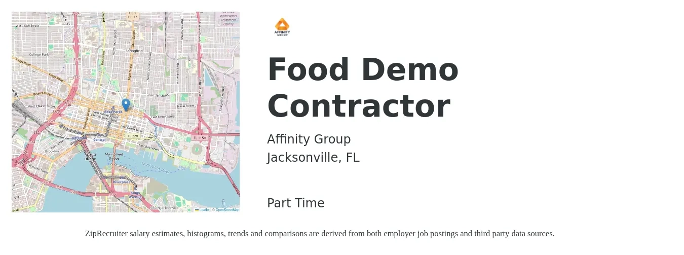 Affinity Group job posting for a Food Demo Contractor in Jacksonville, FL with a salary of $16 to $22 Hourly with a map of Jacksonville location.