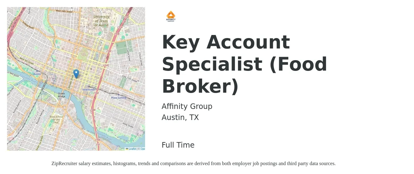 Affinity Group job posting for a Key Account Specialist (Food Broker) in Austin, TX with a salary of $19 to $26 Hourly with a map of Austin location.