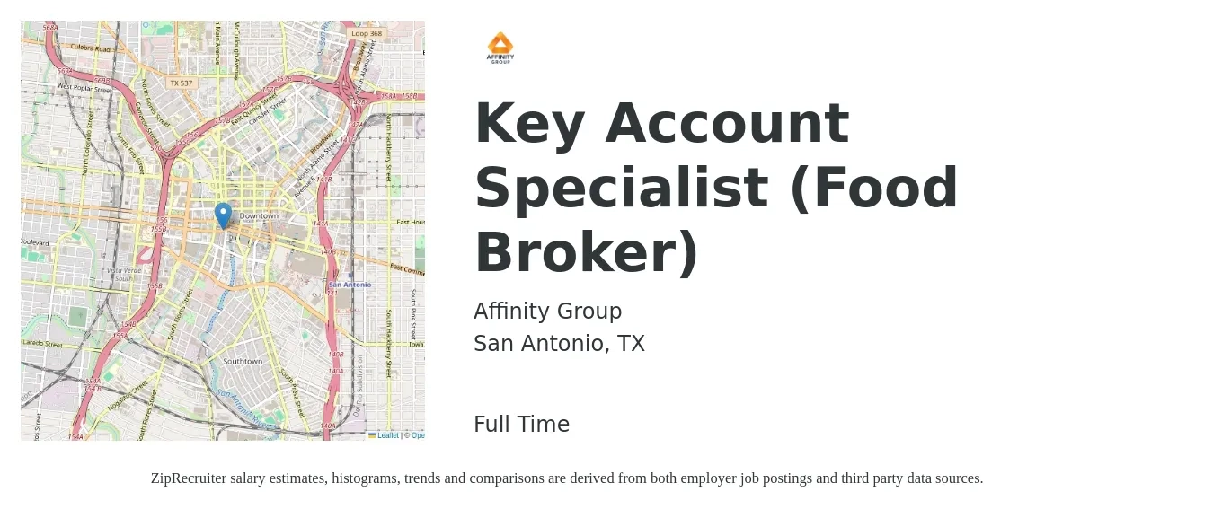 Affinity Group job posting for a Key Account Specialist (Food Broker) in San Antonio, TX with a salary of $17 to $24 Hourly with a map of San Antonio location.