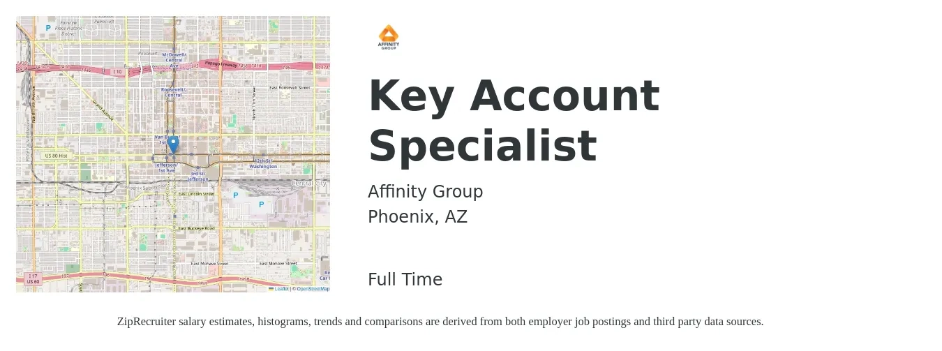 Affinity Group job posting for a Key Account Specialist in Phoenix, AZ with a salary of $18 to $24 Hourly with a map of Phoenix location.
