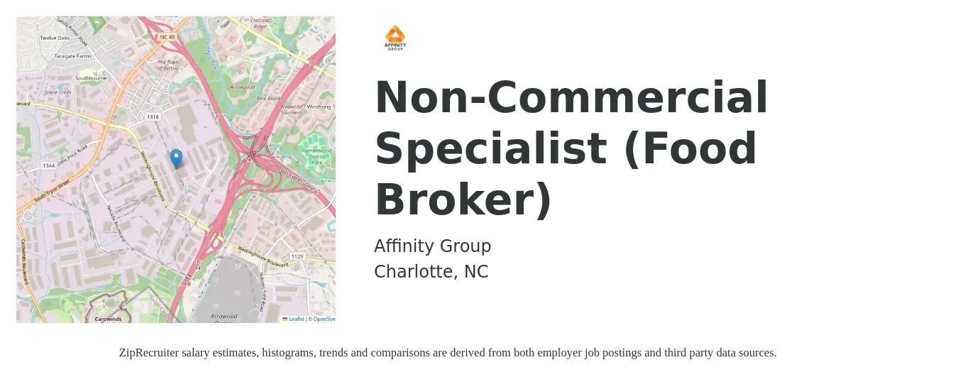 Affinity Group job posting for a Non-Commercial Specialist (Food Broker) in Charlotte, NC with a salary of $25 to $33 Hourly with a map of Charlotte location.