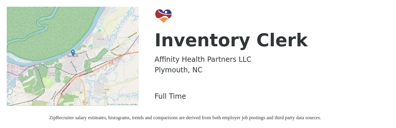 Affinity Health Partners LLC job posting for a Inventory Clerk in Plymouth, NC with a salary of $16 to $20 Hourly with a map of Plymouth location.