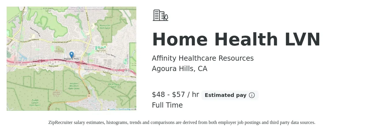 Affinity Healthcare Resources job posting for a Home Health LVN in Agoura Hills, CA with a salary of $50 to $60 Hourly with a map of Agoura Hills location.