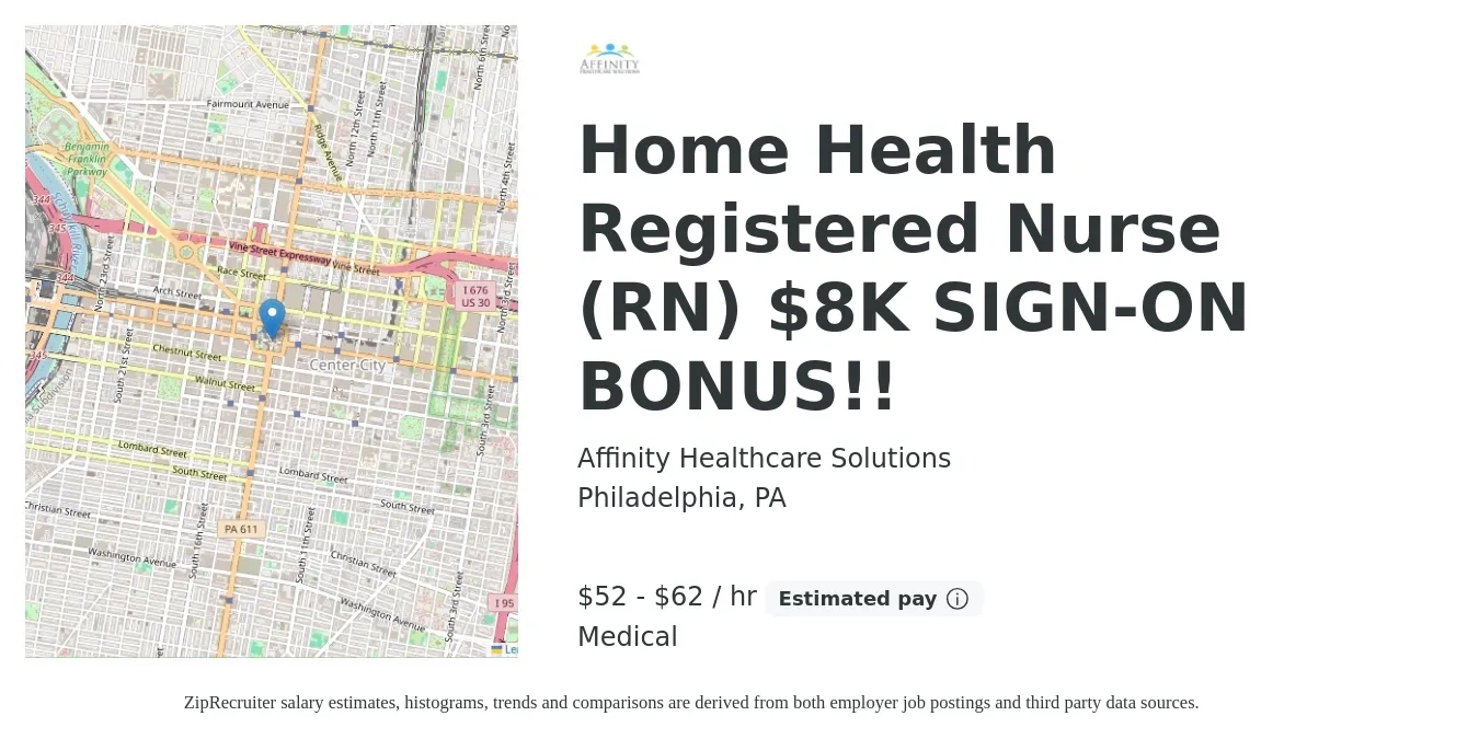 Affinity Healthcare Solutions job posting for a Home Health Registered Nurse (RN) $8K SIGN-ON BONUS!! in Philadelphia, PA with a salary of $50 to $55 Hourly and benefits including medical, and retirement with a map of Philadelphia location.