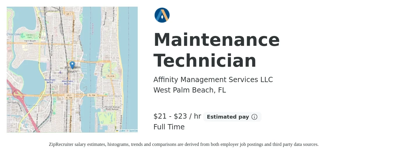 Affinity Management Services LLC job posting for a Maintenance Technician in West Palm Beach, FL with a salary of $22 to $24 Hourly with a map of West Palm Beach location.