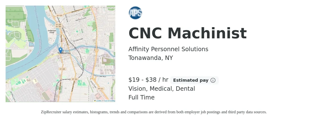 Affinity Personnel Solutions job posting for a CNC Machinist in Tonawanda, NY with a salary of $20 to $40 Hourly and benefits including vision, dental, life_insurance, medical, pto, and retirement with a map of Tonawanda location.