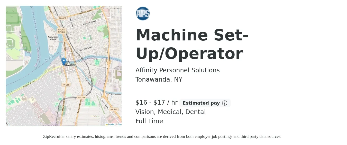 Affinity Personnel Solutions job posting for a Machine Set-Up/Operator in Tonawanda, NY with a salary of $17 to $18 Hourly and benefits including vision, dental, and medical with a map of Tonawanda location.