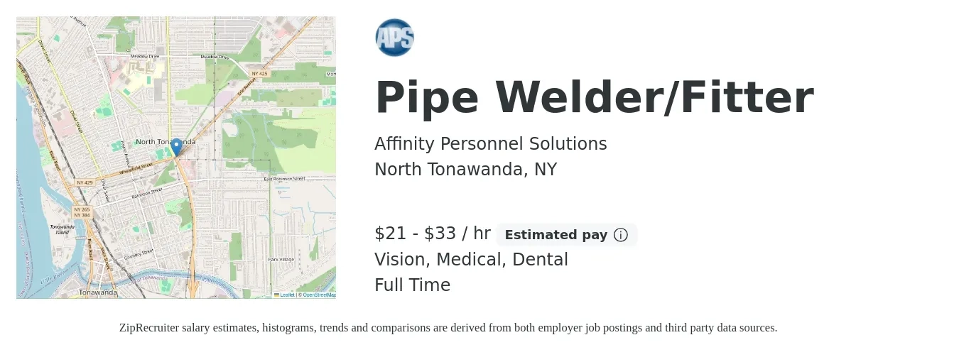 Affinity Personnel Solutions job posting for a Pipe Welder/Fitter in North Tonawanda, NY with a salary of $22 to $35 Hourly and benefits including dental, life_insurance, medical, pto, retirement, and vision with a map of North Tonawanda location.