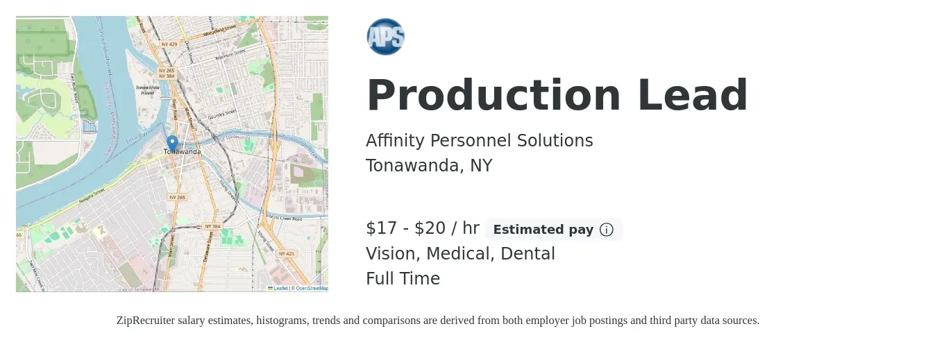 Affinity Personnel Solutions job posting for a Production Lead in Tonawanda, NY with a salary of $18 to $21 Hourly and benefits including dental, medical, and vision with a map of Tonawanda location.