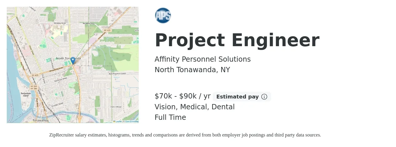 Affinity Personnel Solutions job posting for a Project Engineer in North Tonawanda, NY with a salary of $65,000 to $85,000 Yearly and benefits including pto, retirement, vision, dental, life_insurance, and medical with a map of North Tonawanda location.