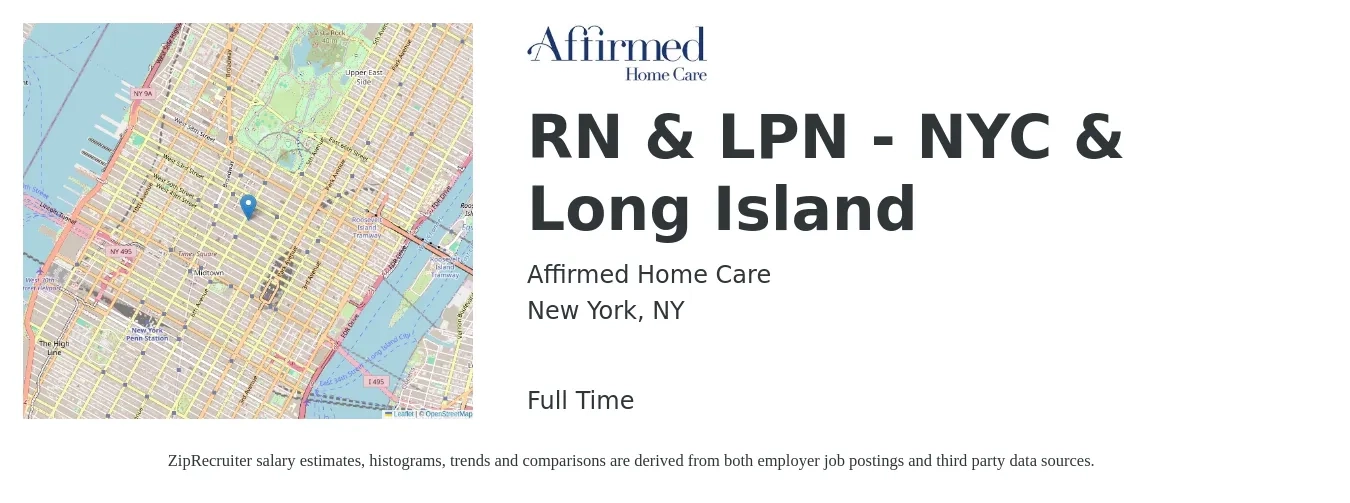 Affirmed Home Care job posting for a RN & LPN - NYC & Long Island in New York, NY with a salary of $30 to $40 Hourly with a map of New York location.