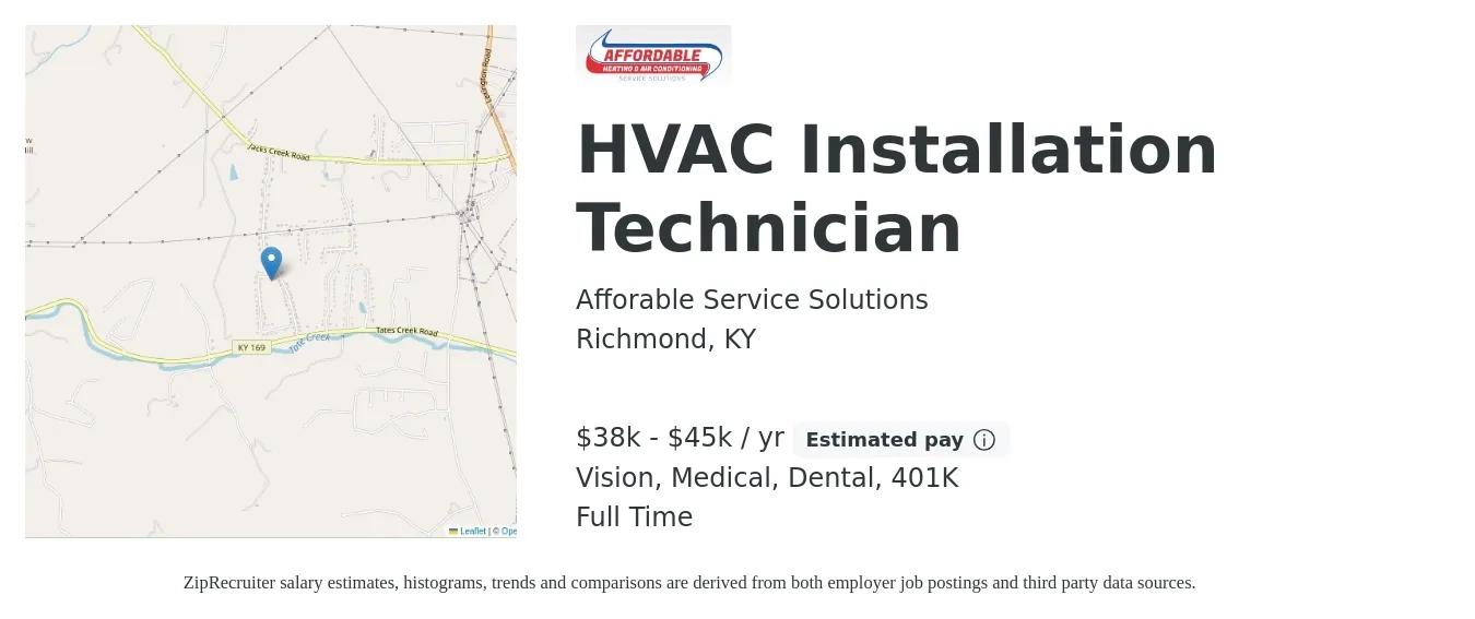 Afforable Service Solutions job posting for a HVAC Installation Technician in Richmond, KY with a salary of $38,000 to $45,000 Yearly and benefits including 401k, dental, life_insurance, medical, and vision with a map of Richmond location.