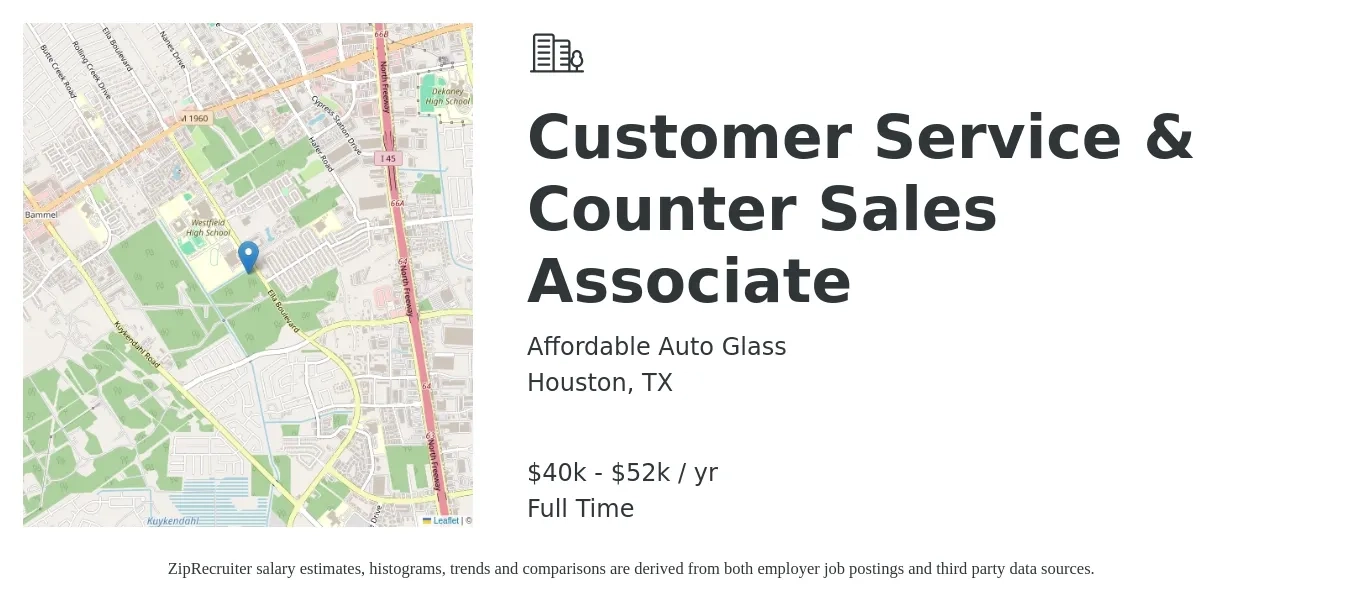 Affordable Auto Glass job posting for a Customer Service & Counter Sales Associate in Houston, TX with a salary of $40,000 to $52,000 Yearly with a map of Houston location.