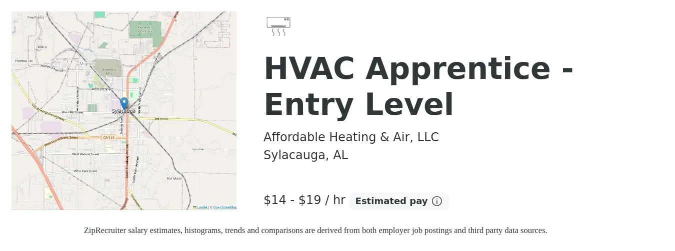 Affordable Heating & Air, LLC job posting for a HVAC Apprentice - Entry Level in Sylacauga, AL with a salary of $15 to $20 Hourly with a map of Sylacauga location.