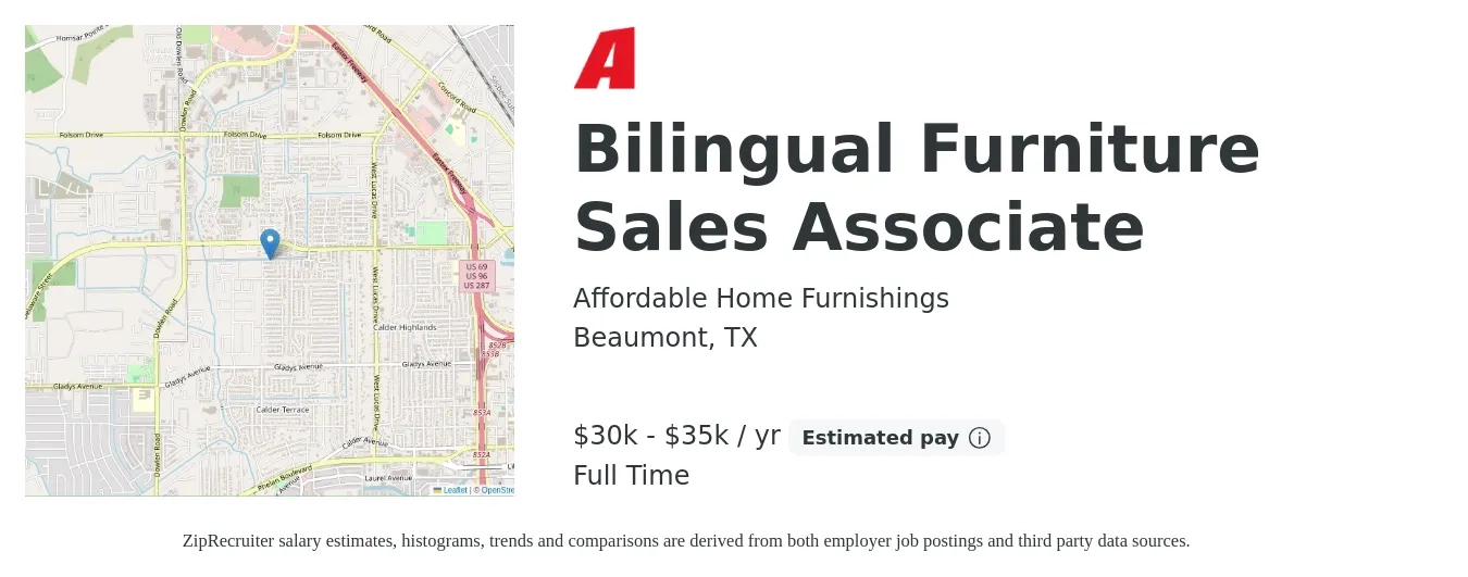 Affordable Home Furnishings job posting for a Bilingual Furniture Sales Associate in Beaumont, TX with a salary of $30,000 to $35,000 Yearly with a map of Beaumont location.