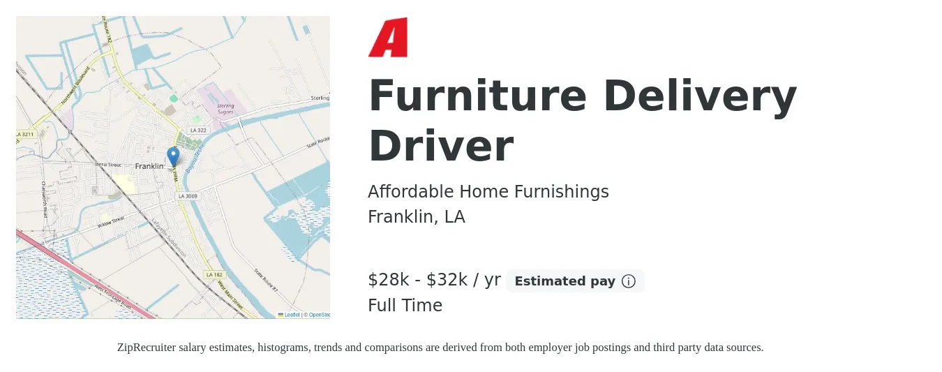 Affordable Home Furnishings job posting for a Furniture Delivery Driver in Franklin, LA with a salary of $28,000 to $32,000 Yearly with a map of Franklin location.