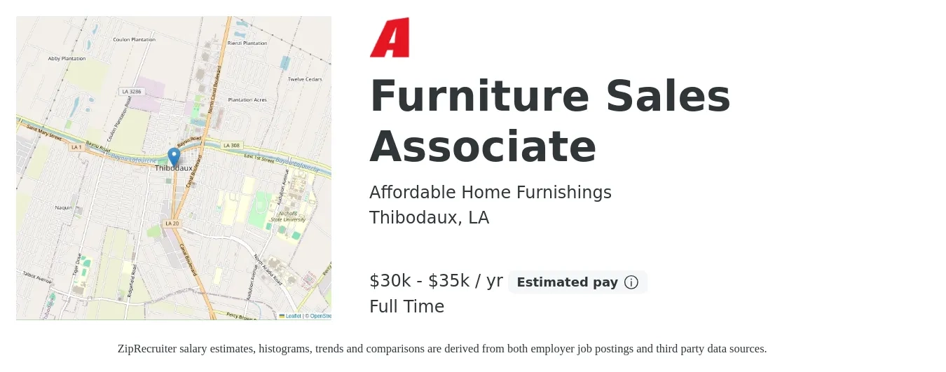 Affordable Home Furnishings job posting for a Furniture Sales Associate in Thibodaux, LA with a salary of $30,000 to $35,000 Yearly with a map of Thibodaux location.