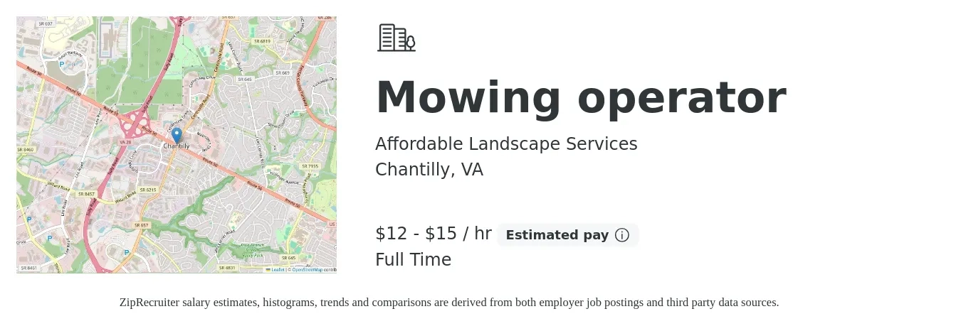 Affordable Landscape Services job posting for a Mowing operator in Chantilly, VA with a salary of $13 to $16 Hourly with a map of Chantilly location.