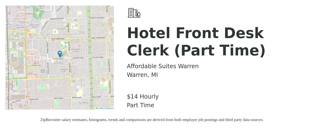 Affordable Suites Warren job posting for a Hotel Front Desk Clerk (Part Time) in Warren, MI with a salary of $15 Hourly with a map of Warren location.