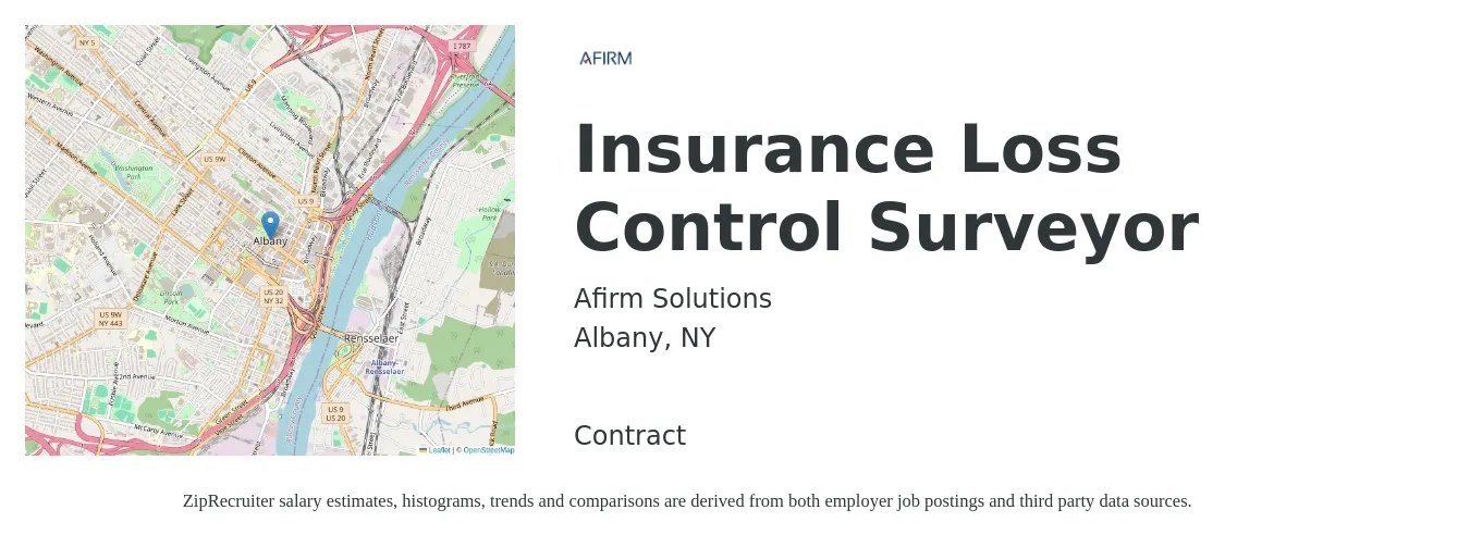 Afirm Solutions job posting for a Insurance Loss Control Surveyor in Albany, NY with a salary of $78,900 to $97,800 Yearly with a map of Albany location.