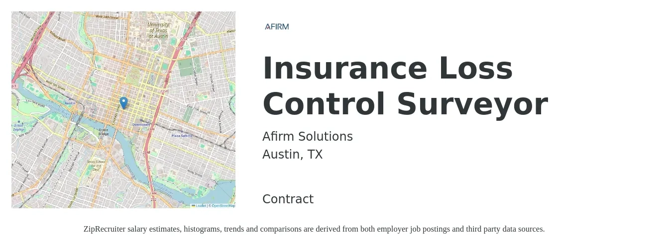 Afirm Solutions job posting for a Insurance Loss Control Surveyor in Austin, TX with a salary of $78,800 to $97,600 Yearly with a map of Austin location.