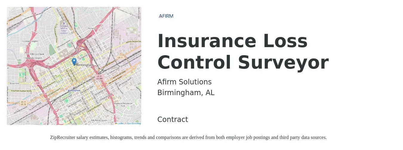 Afirm Solutions job posting for a Insurance Loss Control Surveyor in Birmingham, AL with a salary of $74,500 to $92,300 Yearly with a map of Birmingham location.