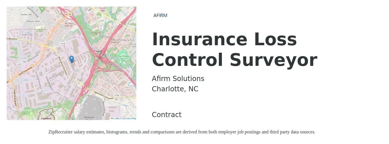 Afirm Solutions job posting for a Insurance Loss Control Surveyor in Charlotte, NC with a salary of $77,600 to $96,200 Yearly with a map of Charlotte location.