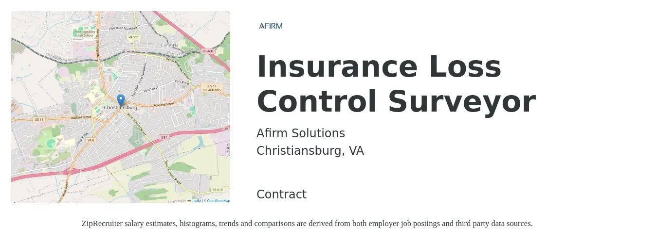 Afirm Solutions job posting for a Insurance Loss Control Surveyor in Christiansburg, VA with a salary of $73,500 to $91,100 Yearly with a map of Christiansburg location.