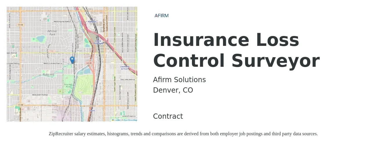 Afirm Solutions job posting for a Insurance Loss Control Surveyor in Denver, CO with a salary of $81,800 to $101,400 Yearly with a map of Denver location.