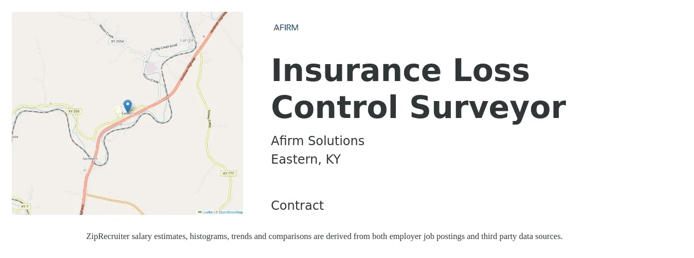 Afirm Solutions job posting for a Insurance Loss Control Surveyor in Eastern, KY with a salary of $58,600 to $72,600 Yearly with a map of Eastern location.