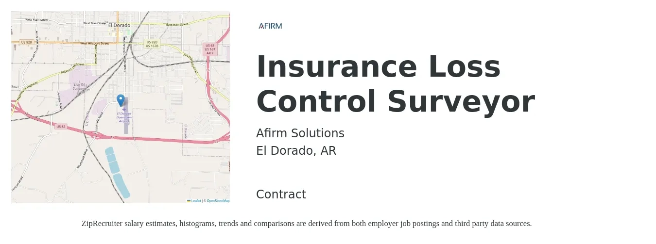 Afirm Solutions job posting for a Insurance Loss Control Surveyor in El Dorado, AR with a salary of $70,700 to $87,600 Yearly with a map of El Dorado location.