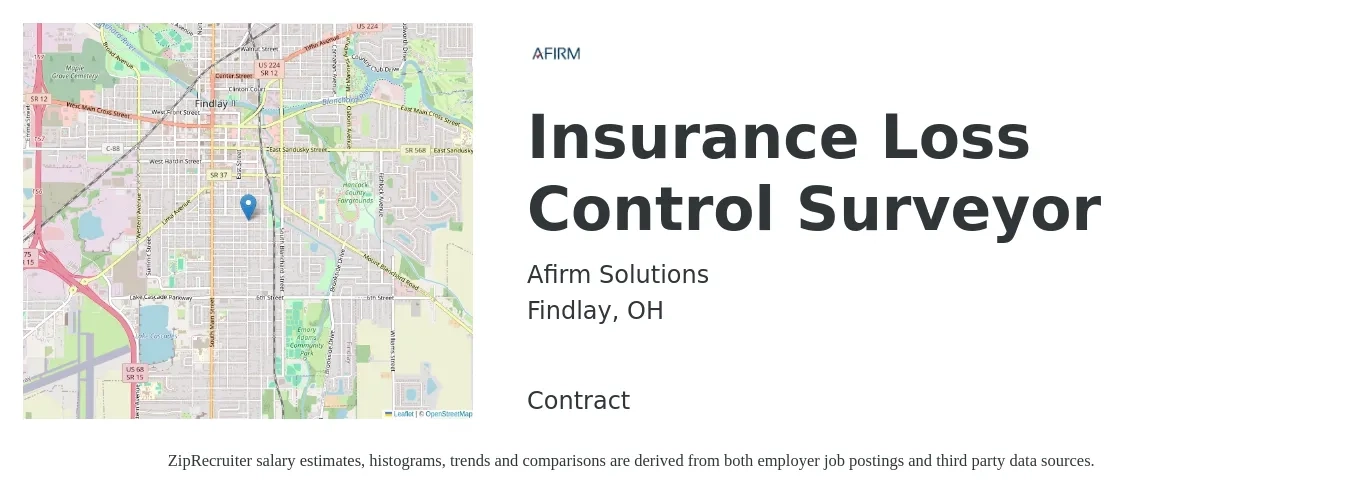 Afirm Solutions job posting for a Insurance Loss Control Surveyor in Findlay, OH with a salary of $74,700 to $92,500 Yearly with a map of Findlay location.