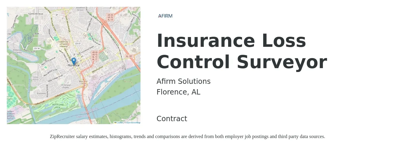 Afirm Solutions job posting for a Insurance Loss Control Surveyor in Florence, AL with a salary of $71,400 to $88,400 Yearly with a map of Florence location.