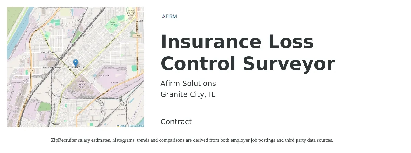 Afirm Solutions job posting for a Insurance Loss Control Surveyor in Granite City, IL with a salary of $75,700 to $93,800 Yearly with a map of Granite City location.