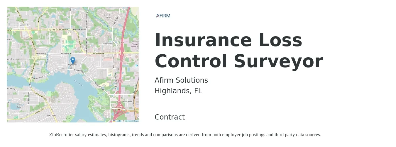 Afirm Solutions job posting for a Insurance Loss Control Surveyor in Highlands, FL with a salary of $71,500 to $88,600 Yearly with a map of Highlands location.