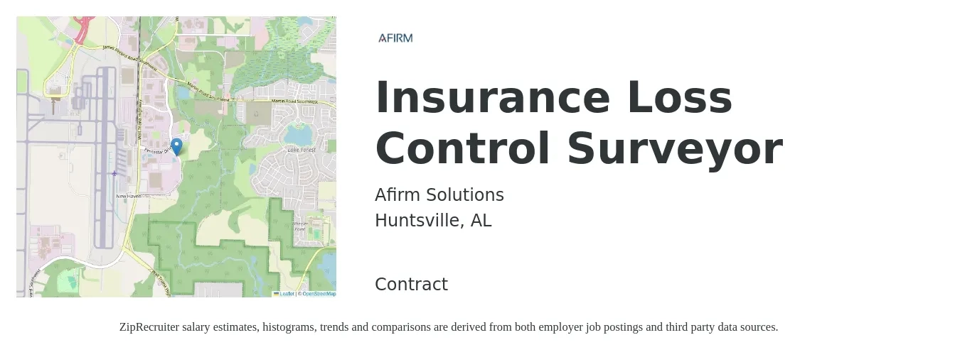 Afirm Solutions job posting for a Insurance Loss Control Surveyor in Huntsville, AL with a salary of $78,300 to $97,100 Yearly with a map of Huntsville location.