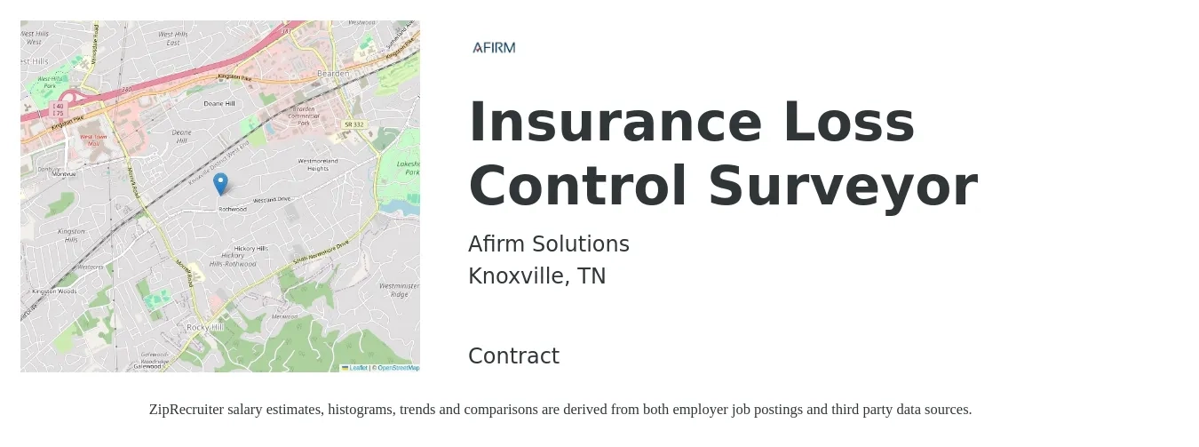 Afirm Solutions job posting for a Insurance Loss Control Surveyor in Knoxville, TN with a salary of $75,900 to $94,000 Yearly with a map of Knoxville location.