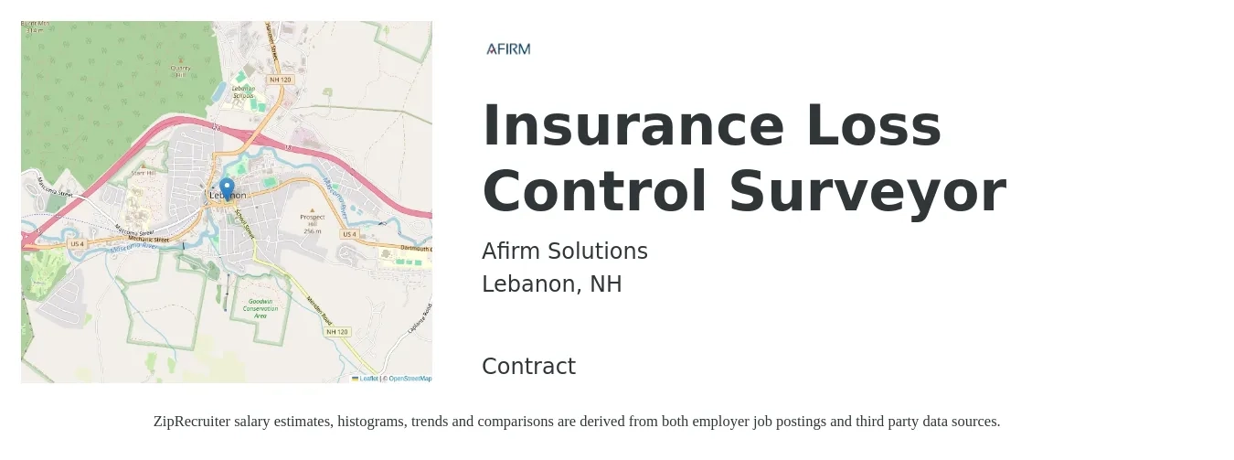Afirm Solutions job posting for a Insurance Loss Control Surveyor in Lebanon, NH with a salary of $89,100 to $110,400 Yearly with a map of Lebanon location.