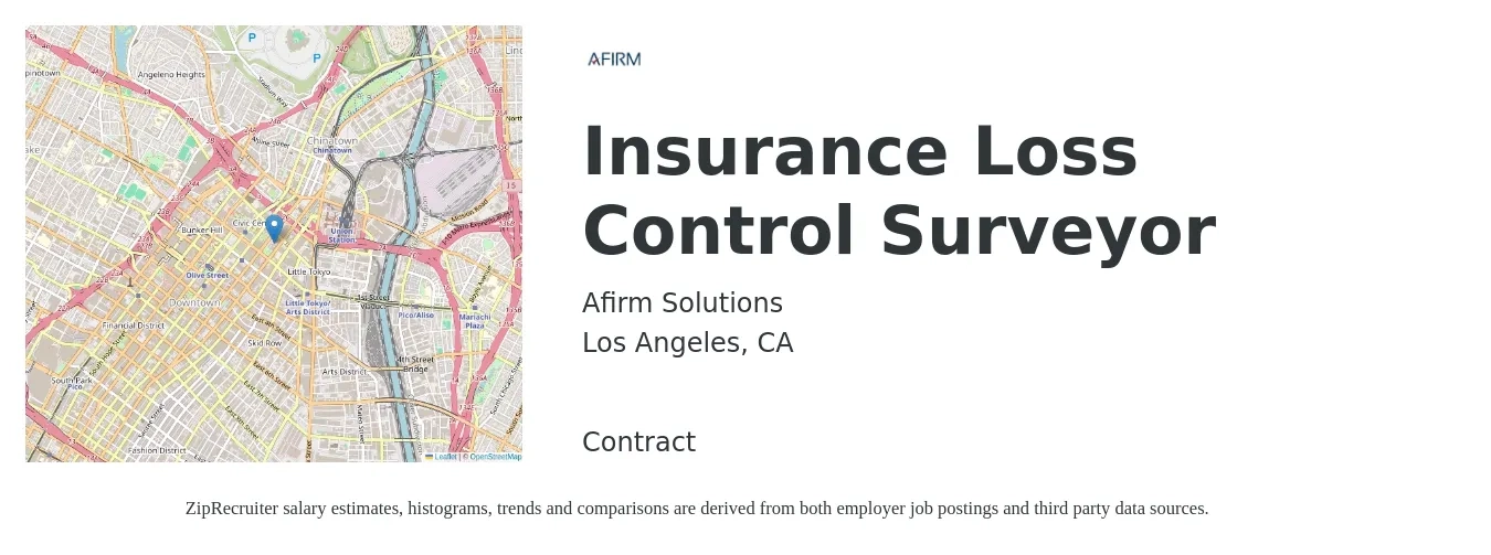 Afirm Solutions job posting for a Insurance Loss Control Surveyor in Los Angeles, CA with a salary of $85,700 to $106,100 Yearly with a map of Los Angeles location.