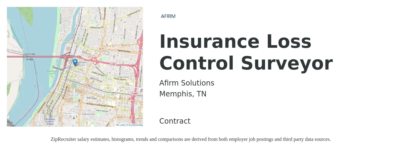 Afirm Solutions job posting for a Insurance Loss Control Surveyor in Memphis, TN with a salary of $77,200 to $95,700 Yearly with a map of Memphis location.