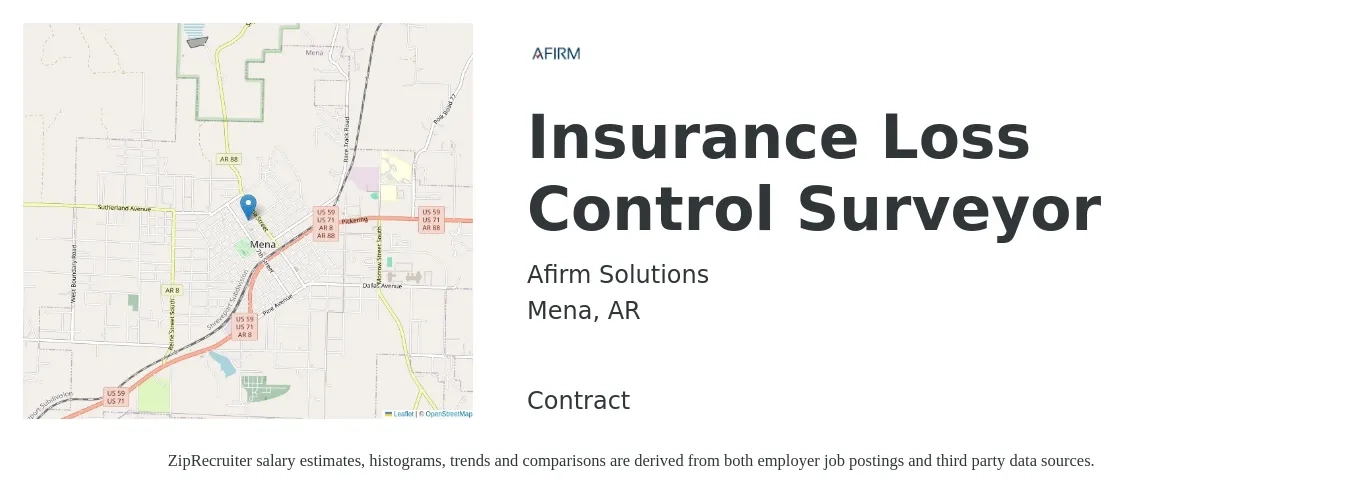 Afirm Solutions job posting for a Insurance Loss Control Surveyor in Mena, AR with a salary of $68,400 to $84,700 Yearly with a map of Mena location.