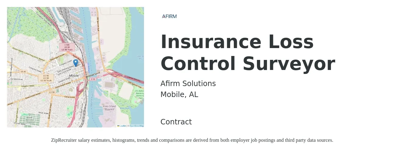 Afirm Solutions job posting for a Insurance Loss Control Surveyor in Mobile, AL with a salary of $78,900 to $97,700 Yearly with a map of Mobile location.
